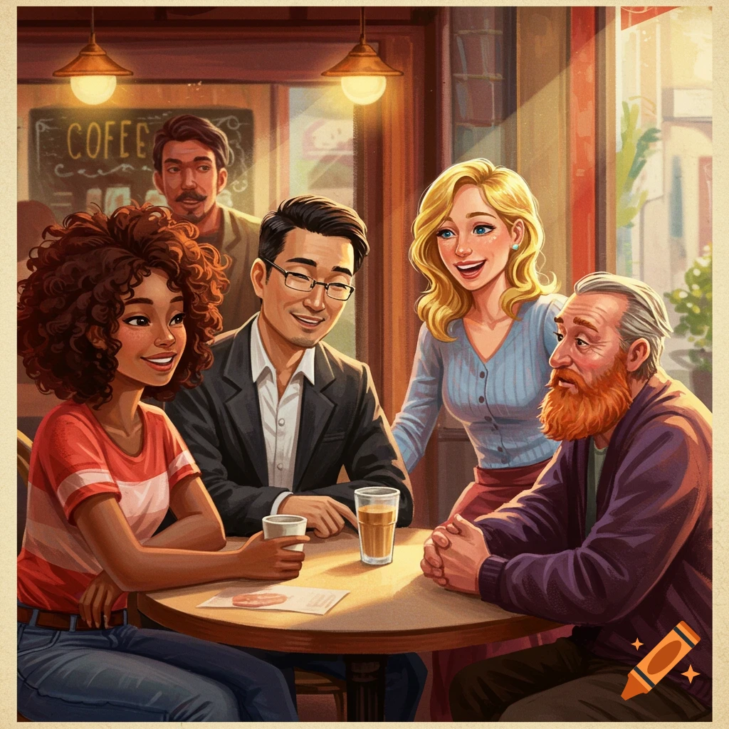 Five diverse people smiling and talking at a table in a warm, brightly lit coffee shop in an illustrated style.