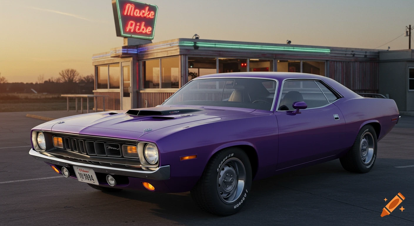 A purple 1971 Plymouth Barracuda parked in front of a diner at sunset, photorealistic style.