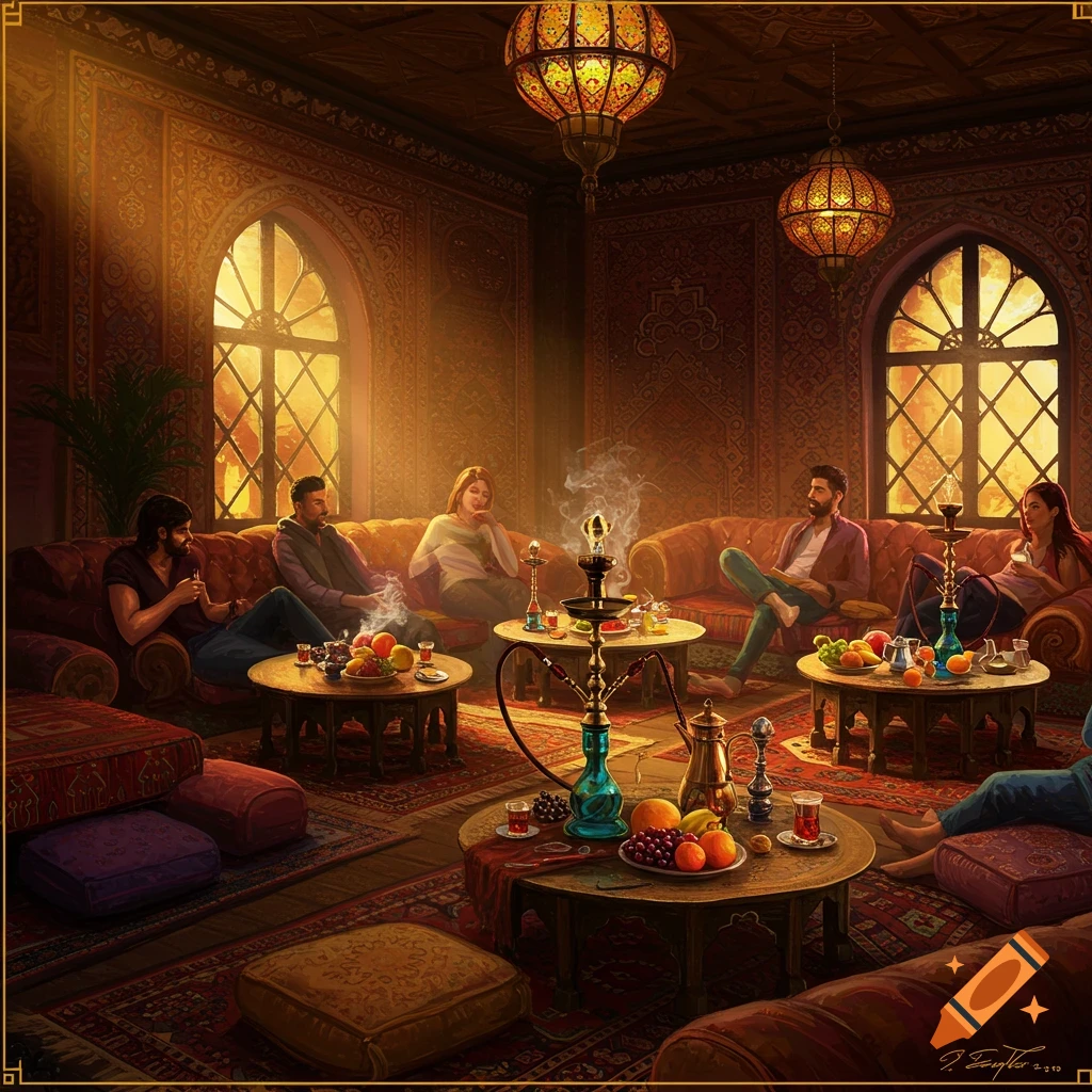 People relaxing in a richly decorated hookah lounge with hookahs, tables of fruit and drinks, and warm lighting.
