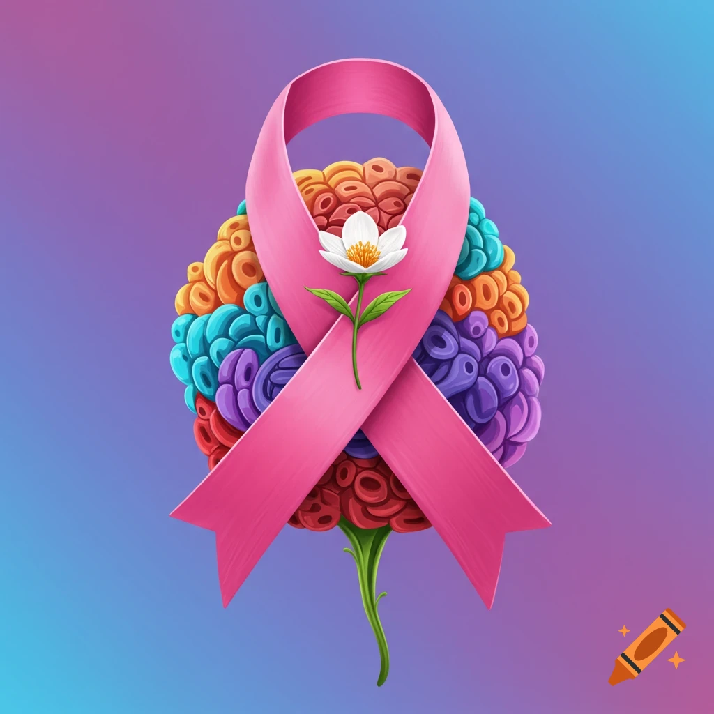 A pink awareness ribbon draped over a multi-colored brain-like structure with a white flower.