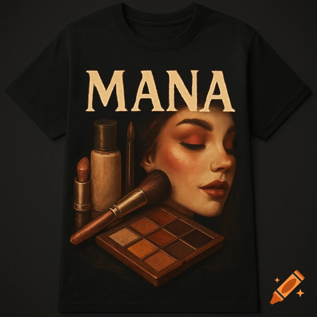 Black t-shirt with the word MANA above an illustration of makeup products and a woman's face.