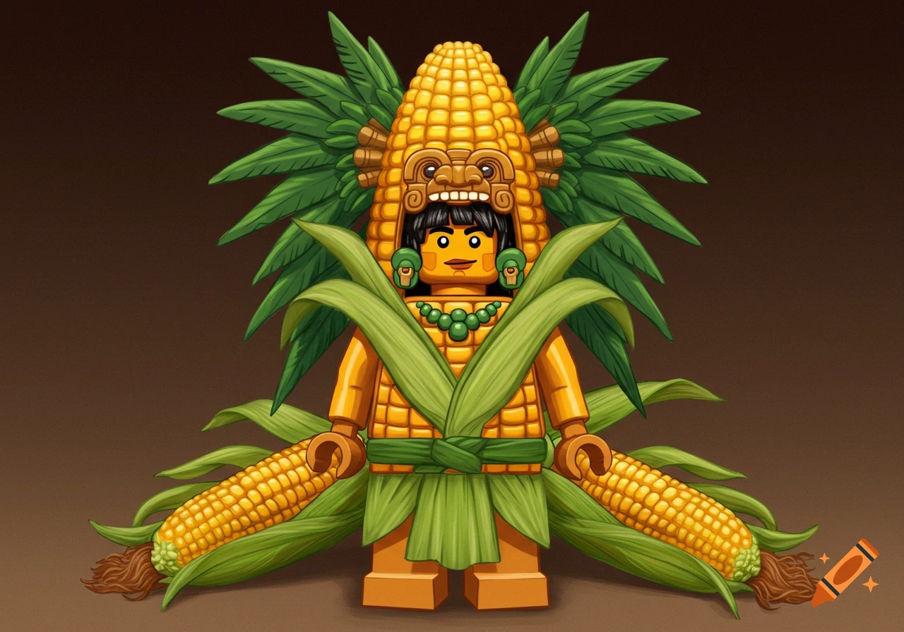 A Lego-style Aztec corn goddess figure wearing a detailed corn costume and corn cob headdress, holding corn cobs.