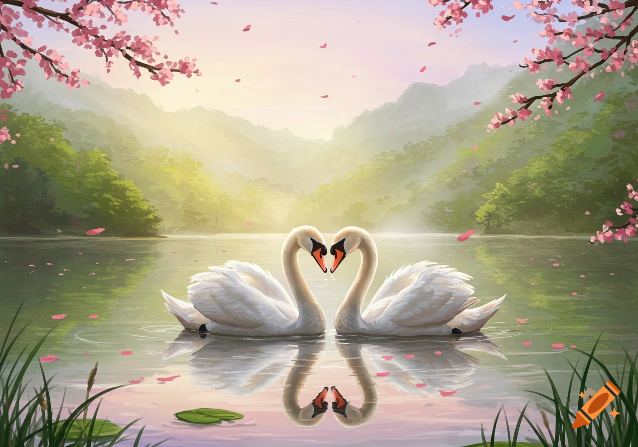 Two swans form a heart shape on a lake with mountains and falling pink blossoms in a painterly style.