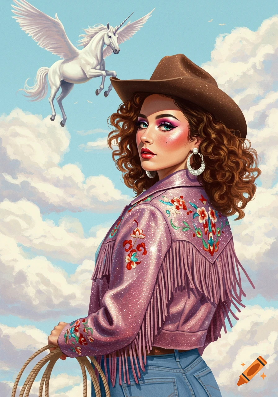 Stylized portrait of a cowgirl in a sparkly pink fringe jacket and cowboy hat with a flying unicorn behind her.