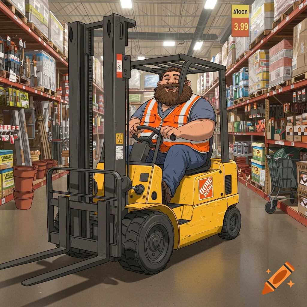 Illustration of an overweight bearded man in an orange vest driving a yellow forklift in a Home Depot store aisle.