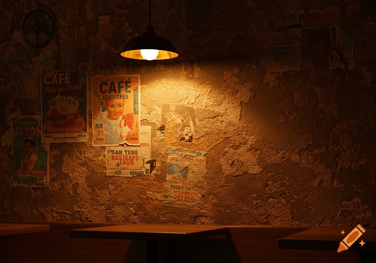 A dimly lit cafe wall with peeling paint, several vintage-style posters, and a hanging light fixture illuminating the center.
