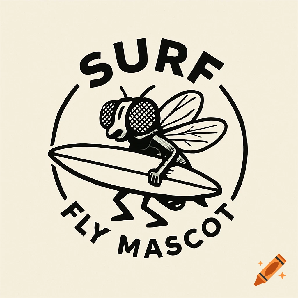 A black and white cartoon logo featuring a fly holding a surfboard, with the words 'SURF' above and 'FLY MASCOT' below, all encircled.