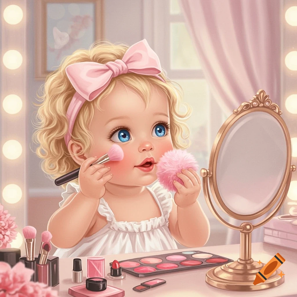 A cute baby girl with blonde curly hair and a pink bow, applying blush with a brush while looking into a vanity mirror. Digital illustration.