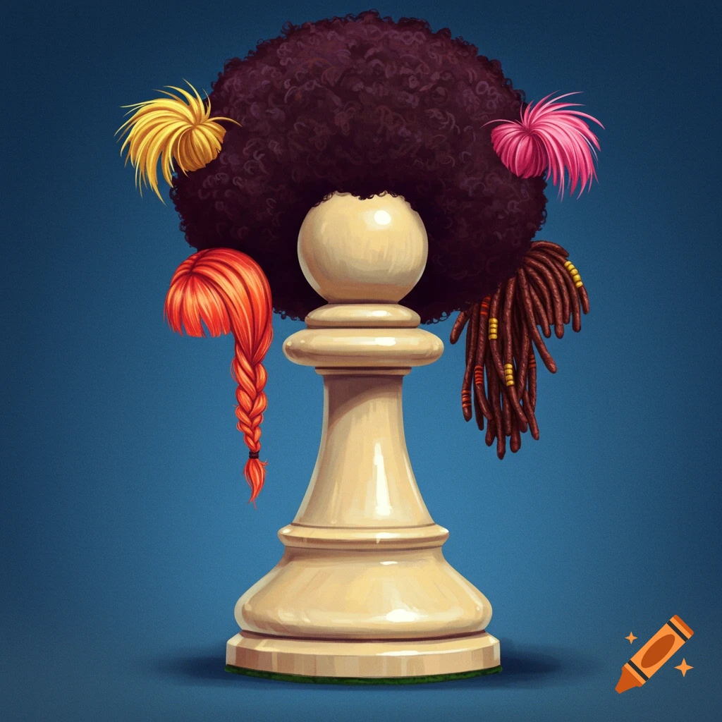 A white chess pawn adorned with a large afro, red braided hair, yellow spiky hair, and brown dreadlocks, against a blue background.