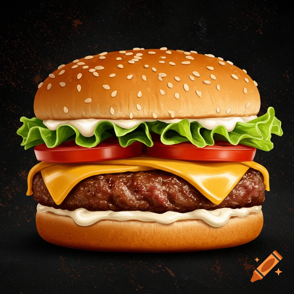 A close-up illustration of a cheeseburger with lettuce, tomato, and sauce.