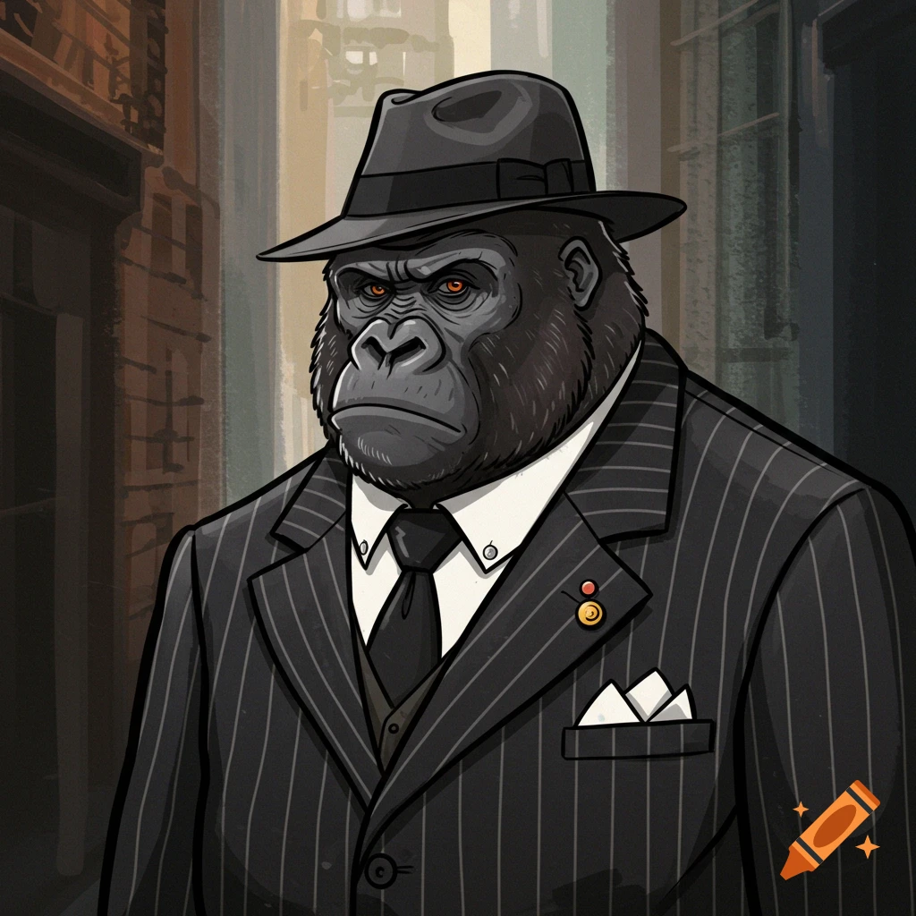 A sketch illustration of a serious-looking gorilla wearing a pinstripe suit and fedora, standing in a city alleyway.
