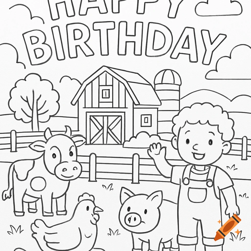 Line art coloring page of a child and animals on a farm with barn and HAPPY BIRTHDAY text.
