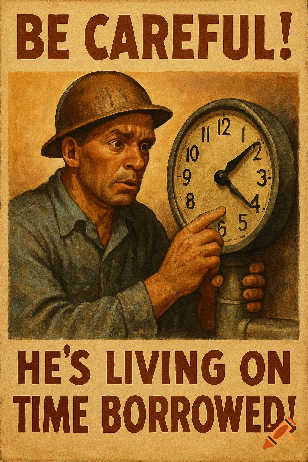 Vintage safety poster showing a man in a hard hat pointing at a large clock, with a warning message.