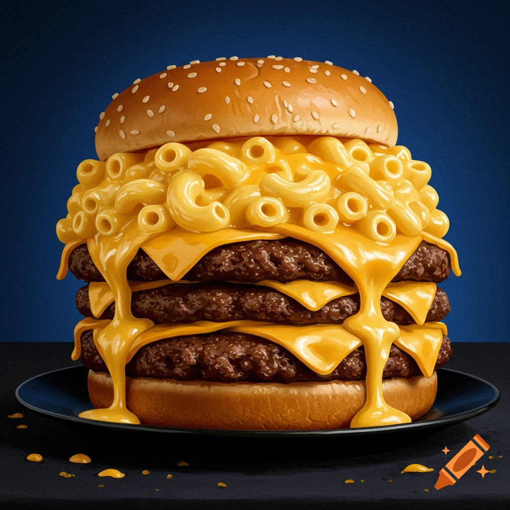 Giant cheeseburger with mac and cheese on a black plate, photorealistic