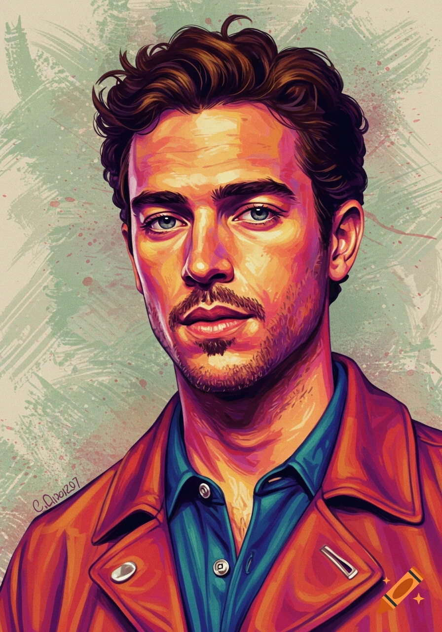 A vibrant, stylized portrait of a man with brown wavy hair and a beard, wearing a reddish-orange jacket and blue shirt, against a textured light green background.