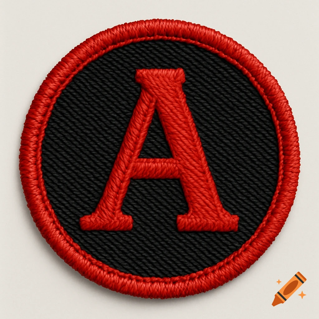 Red embroidered letter A on a round black patch with a red border.