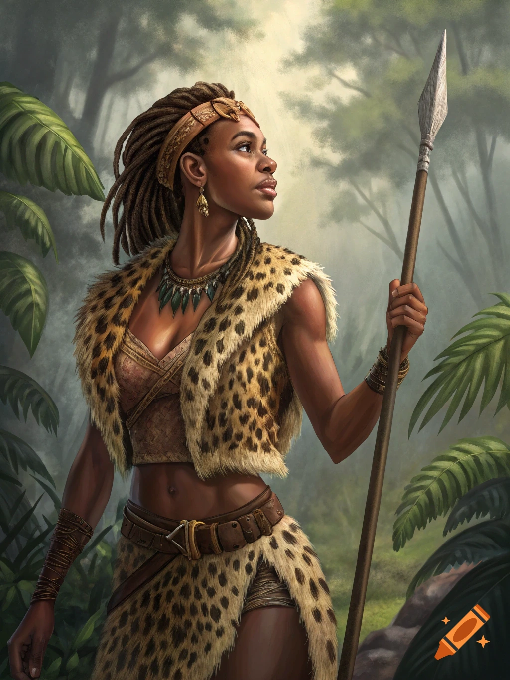 Illustration of a tribal woman in leopard print clothing holding a spear in a jungle setting.