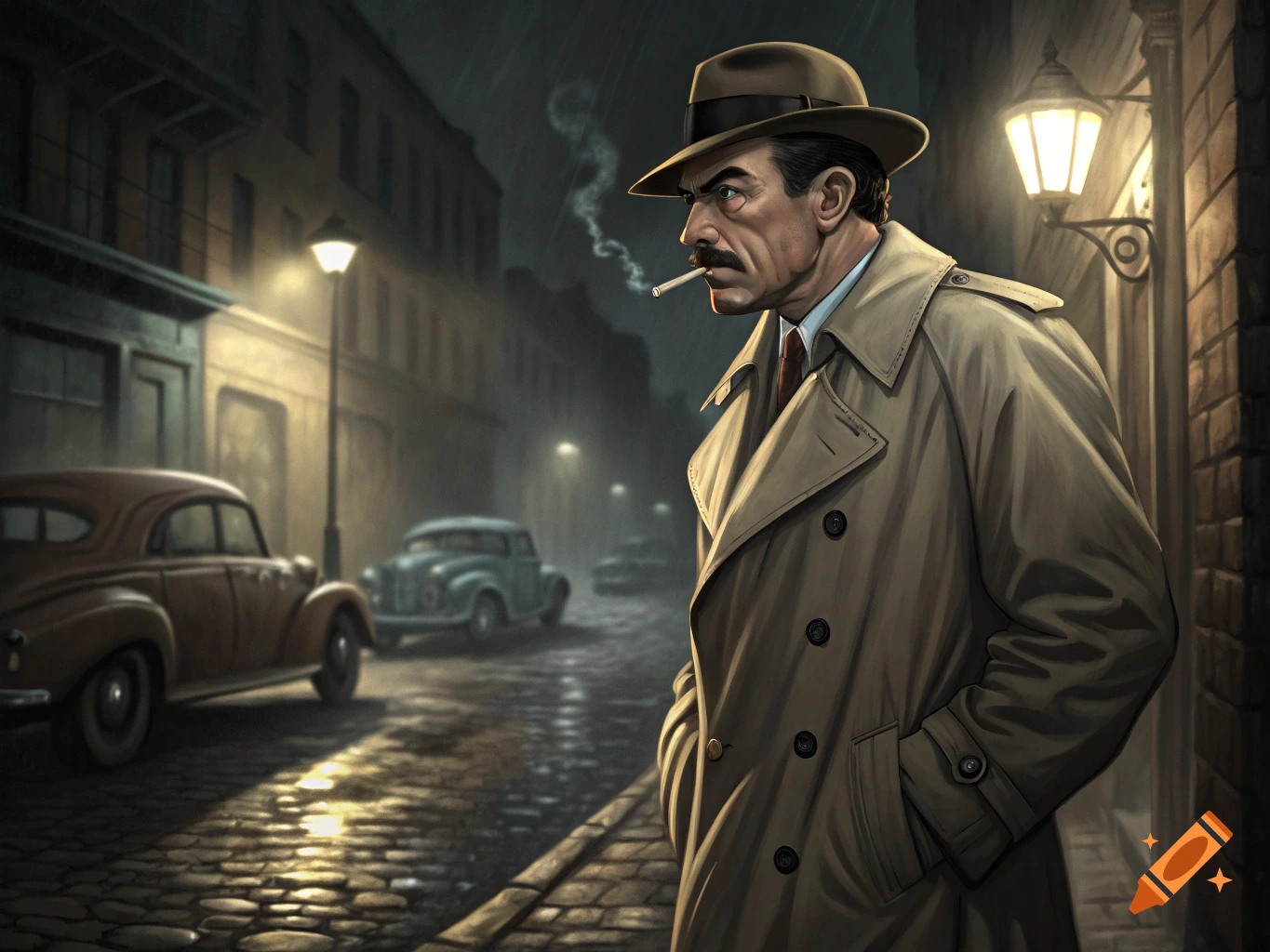 A man in a trench coat and hat smokes a cigarette on a rainy city street at night, in a noir style.
