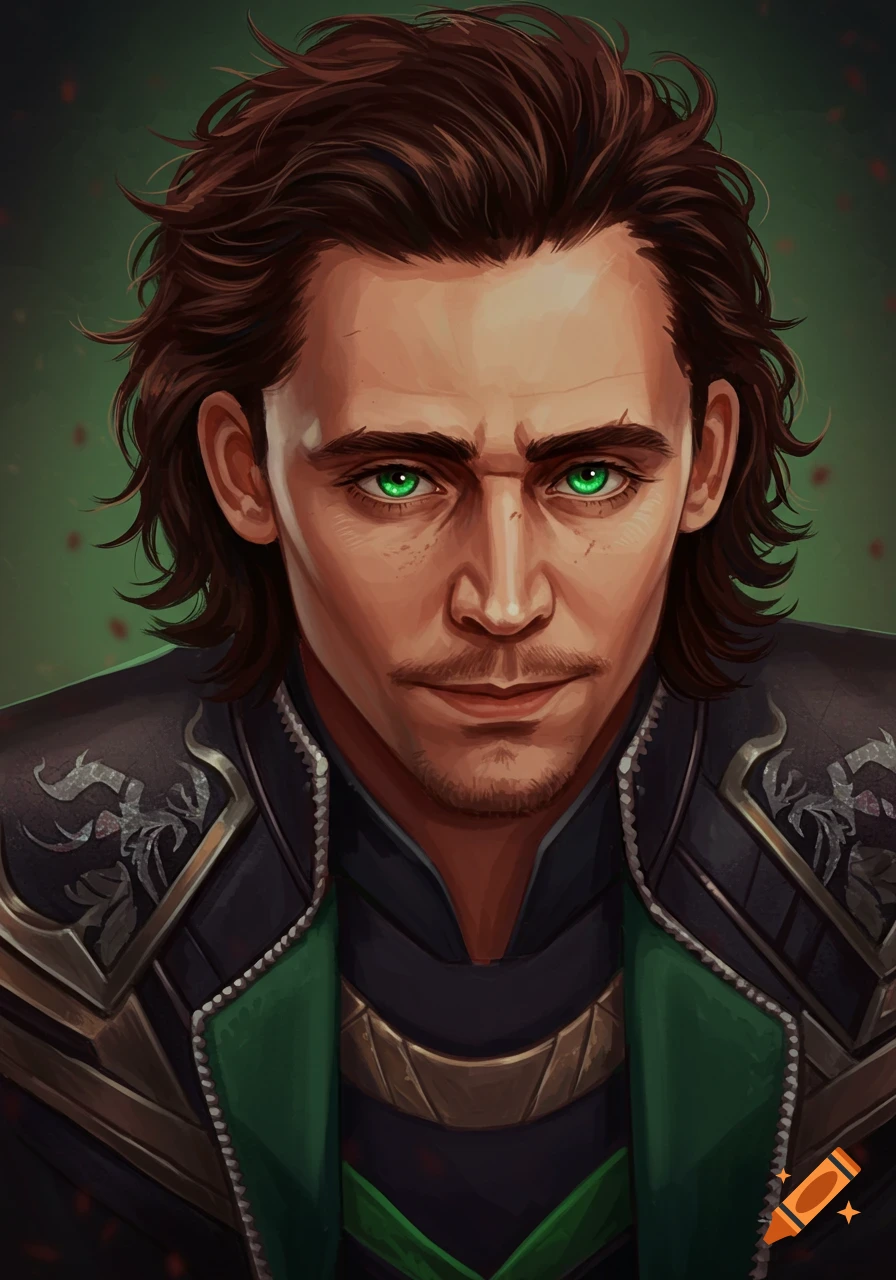 A close-up digital illustration of Loki with bright green eyes and dark costume.