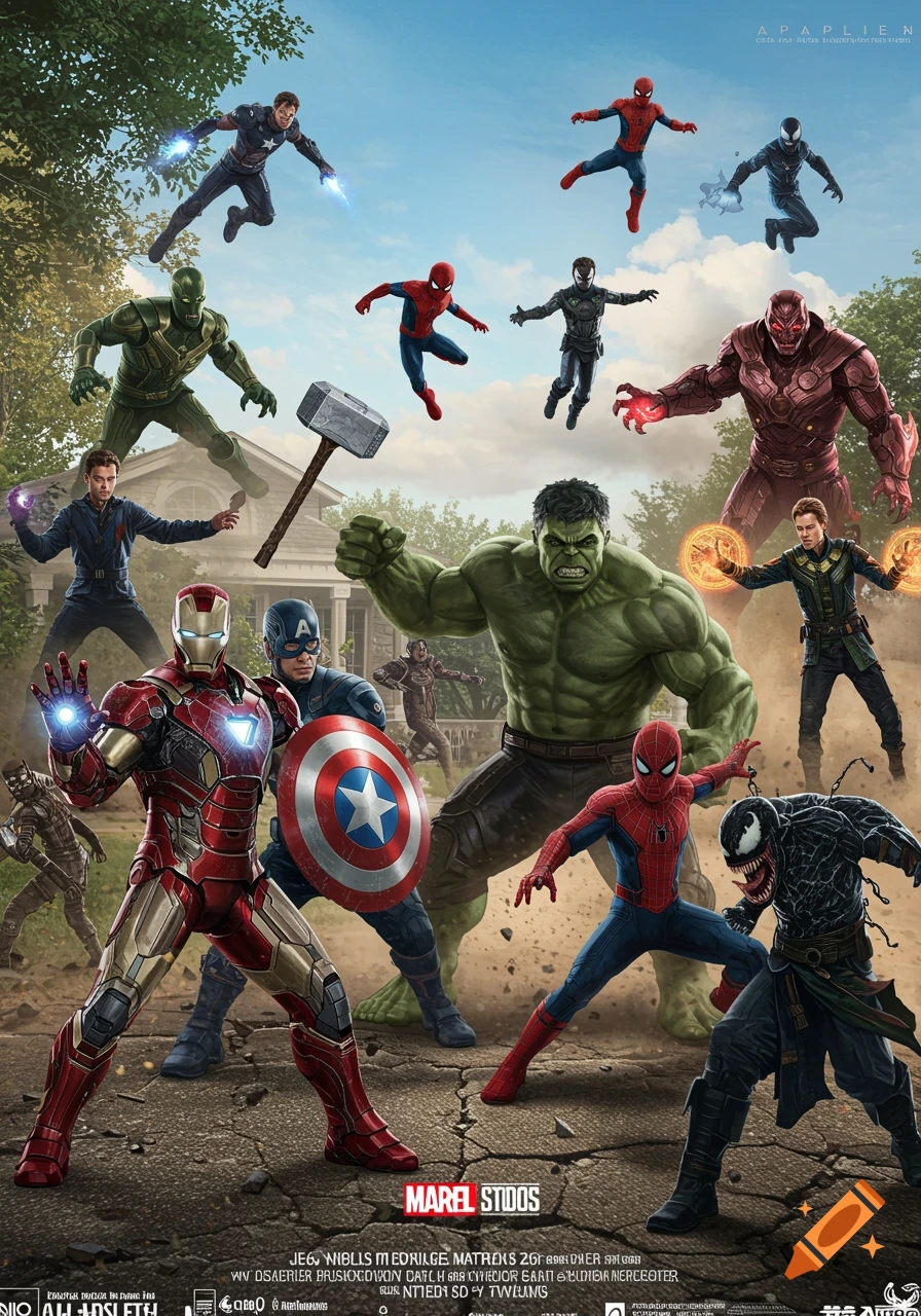 A large group of superheroes and villains, including Hulk, Iron Man, Captain America, Spider-Man, and Venom, battle in a suburban setting.