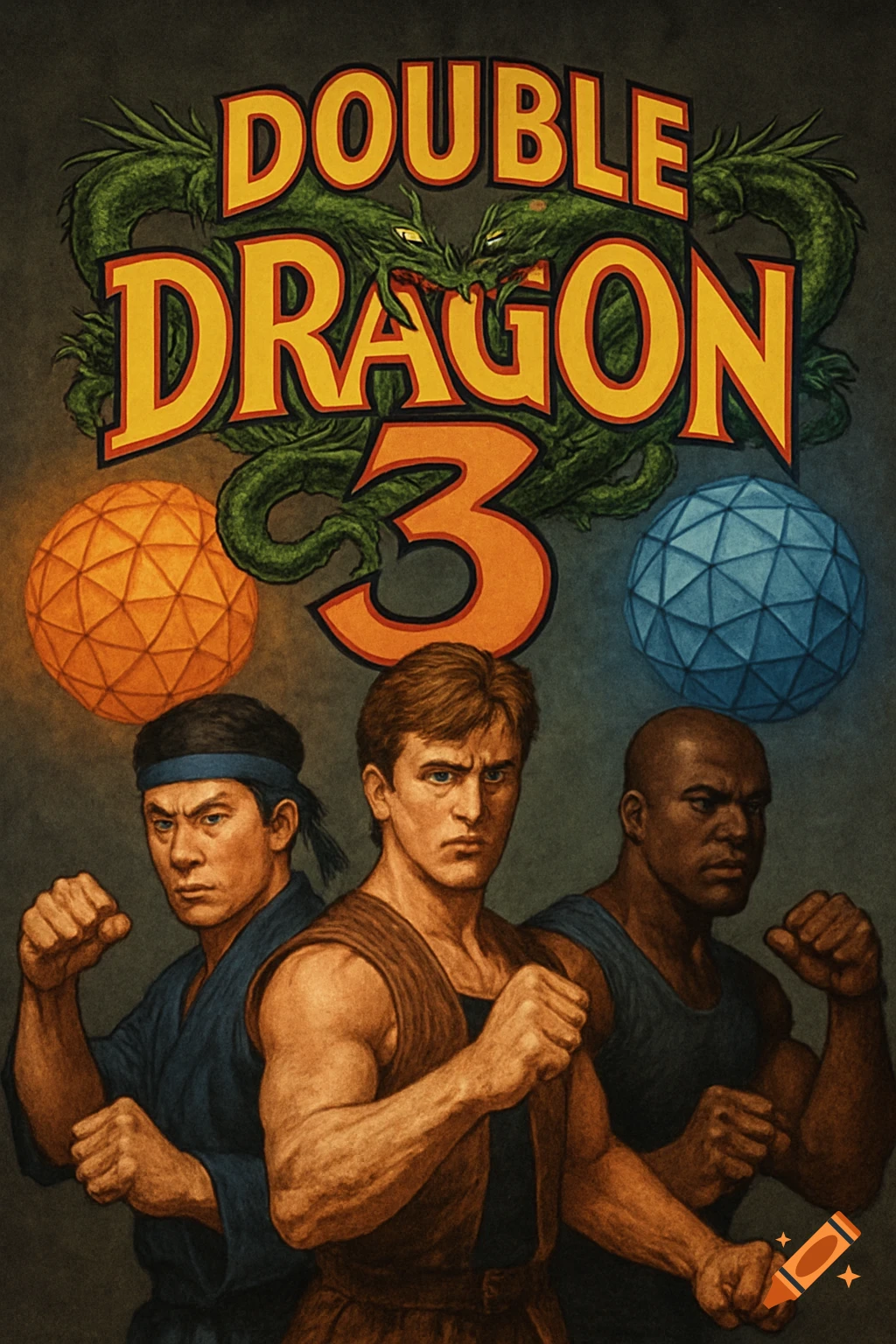 Three male martial artists, one Chinese, one white, one black, in fighting poses under a 'DOUBLE DRAGON 3' logo with two green dragons and two geodesic spheres.