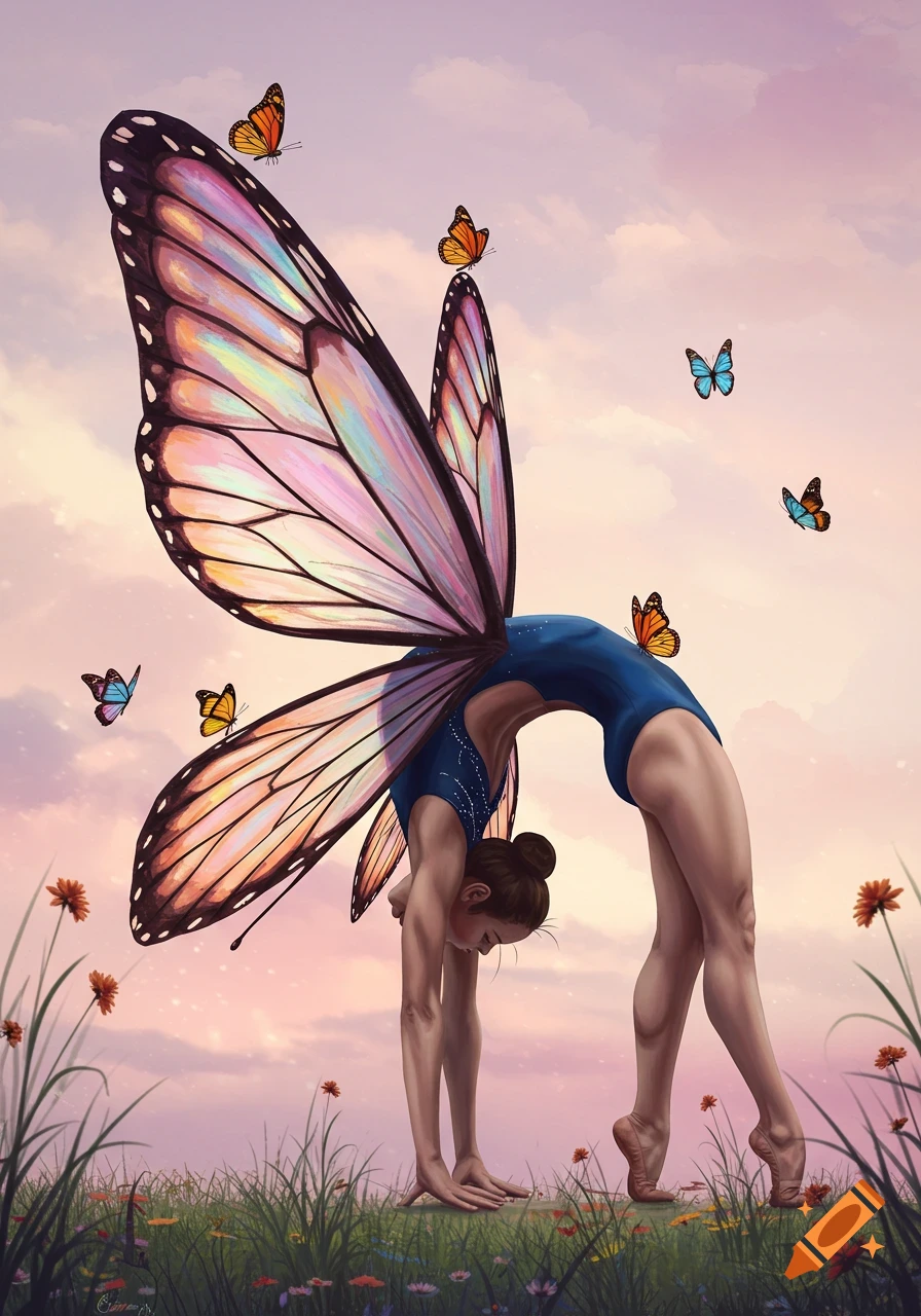 A female gymnast with large, colorful butterfly wings performs a bridge pose in a grassy field with flowers under a pastel sky as butterflies fly around her.