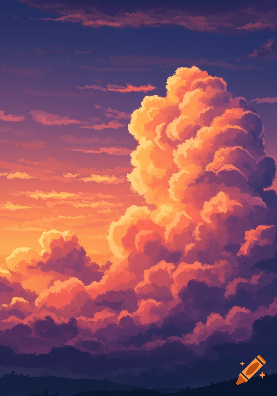 Vibrant digital art of a dramatic sky filled with large, colorful orange and purple clouds at sunset over a dark landscape.