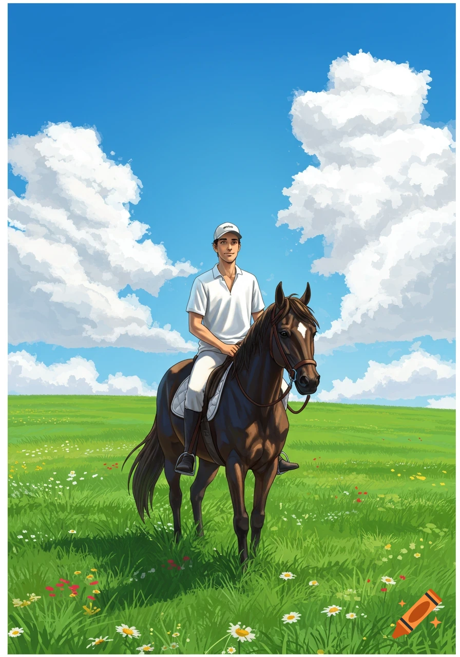 A man in a white polo shirt and baseball cap rides a brown horse through a lush green field under a blue sky with white clouds, in an illustrative style.