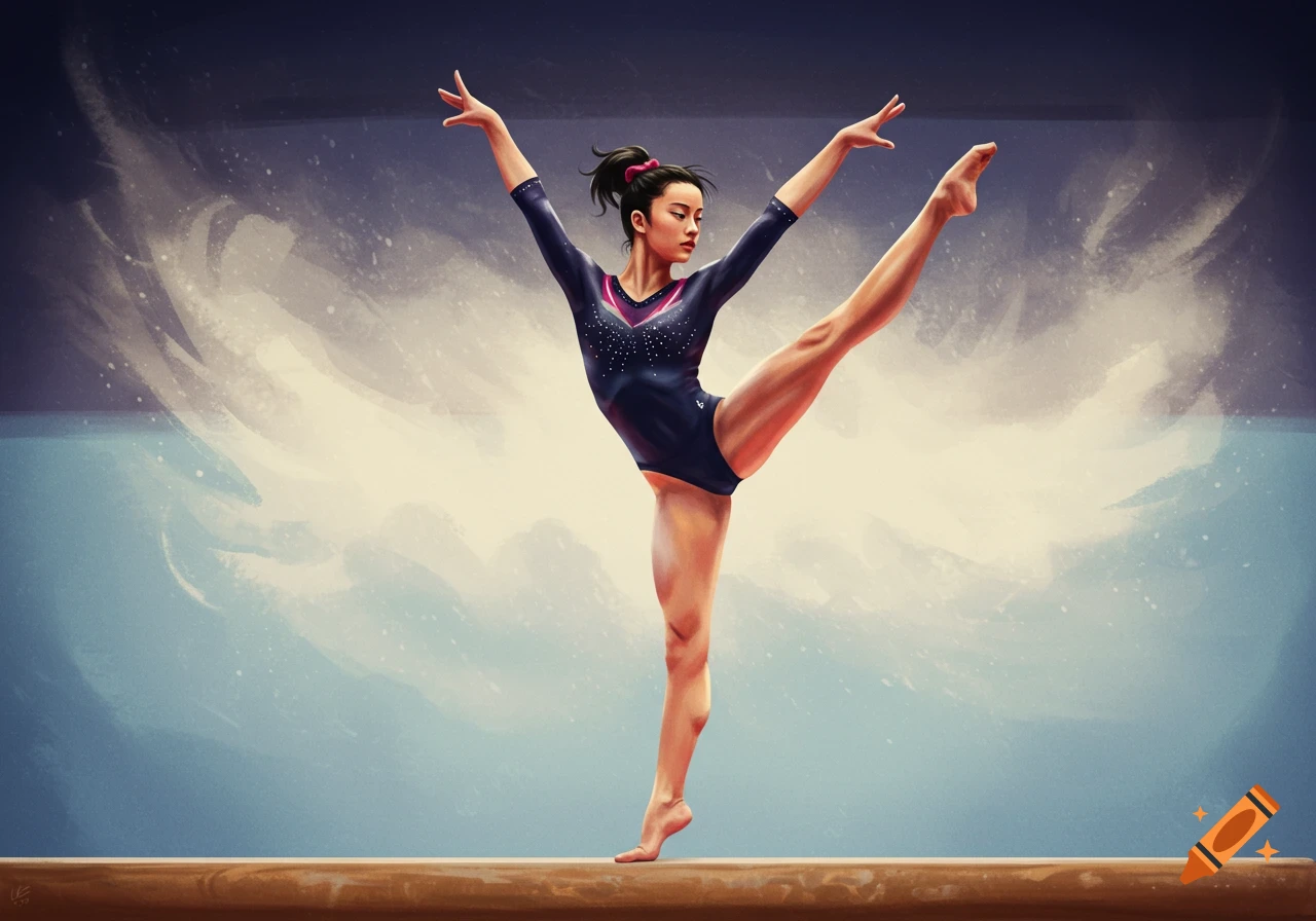 A female gymnast performs a balance pose on a beam in a painted style.