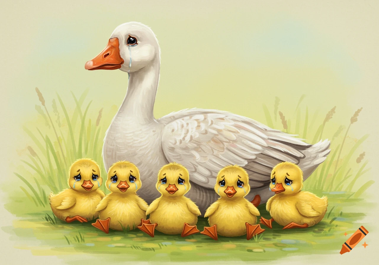 A cartoon white goose and five yellow ducklings cry big tears on green grass.