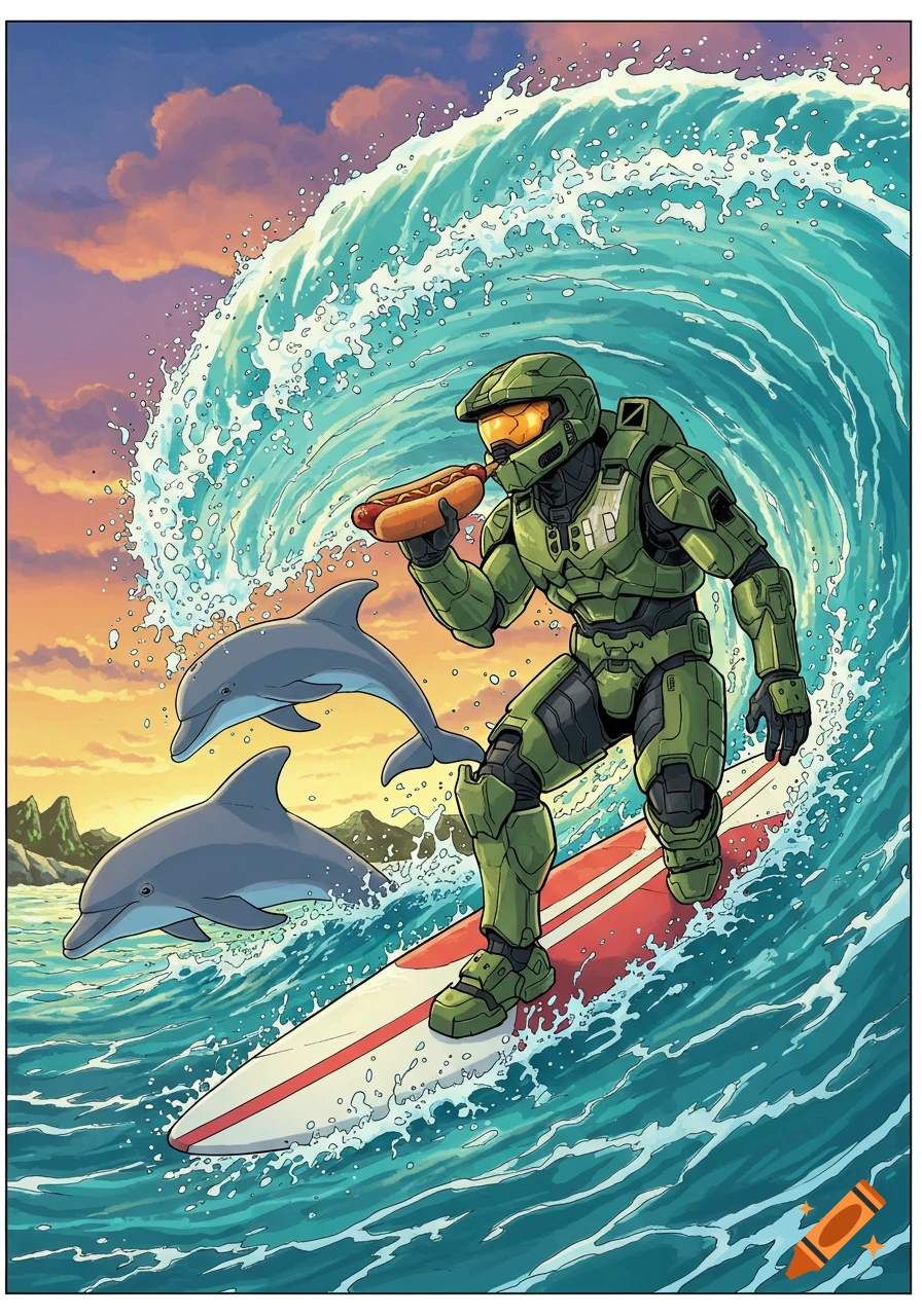 Illustration of Master Chief surfing a large wave and eating a hotdog, with dolphins leaping nearby.