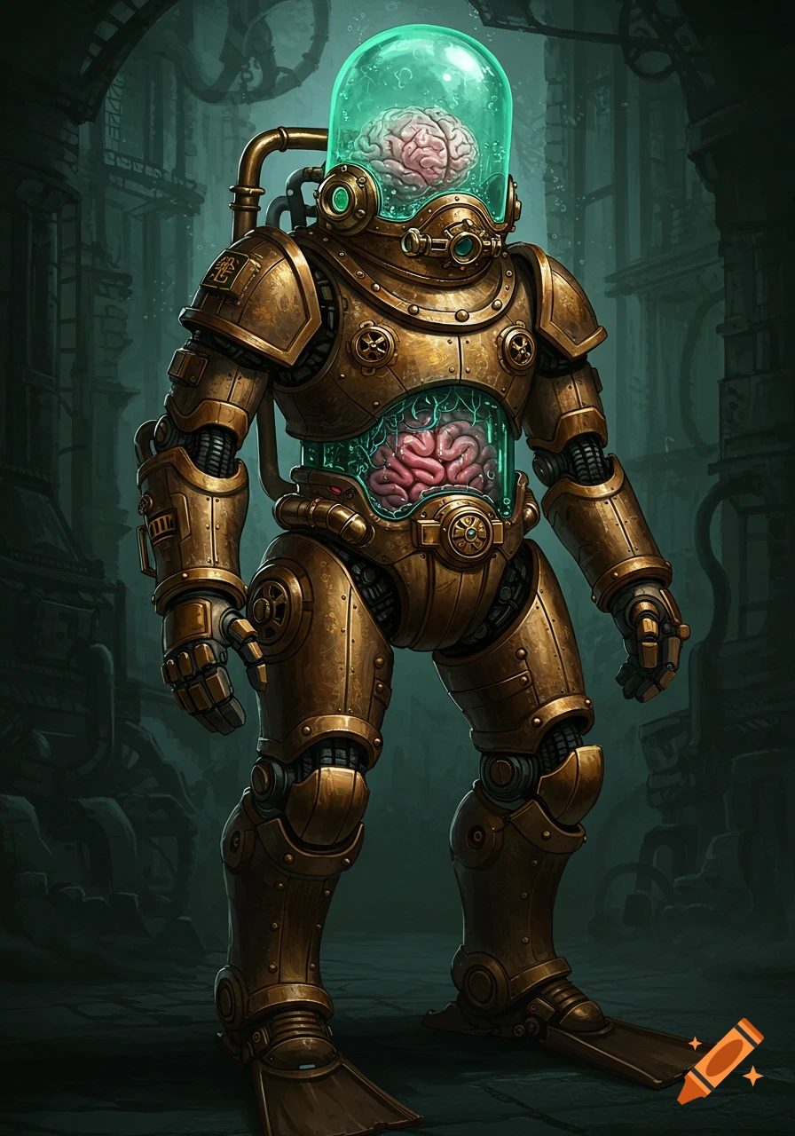 Steampunk robot suit with a brain in a glass helmet and organs in a chest window.