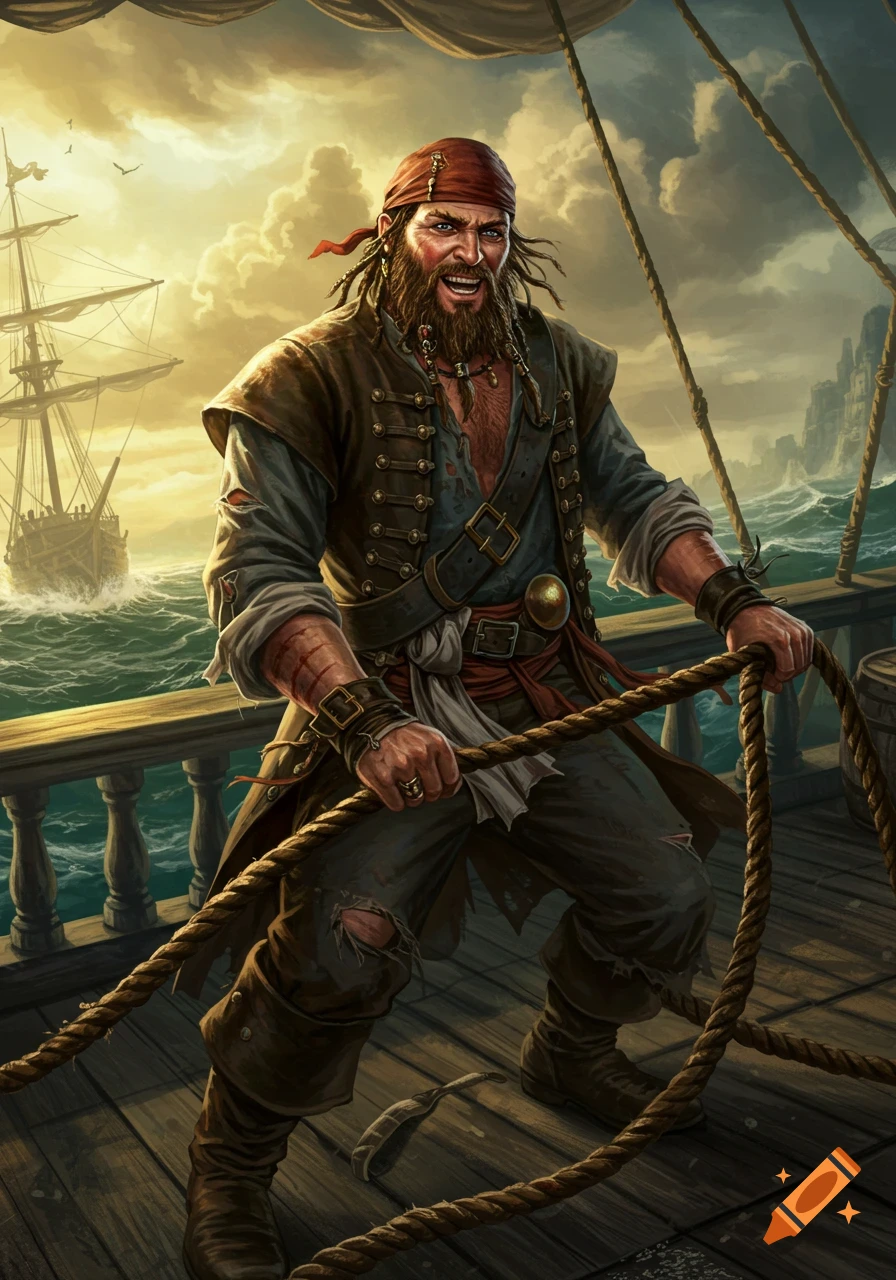A rugged pirate pulls a rope on a ship deck with a storm behind him ...