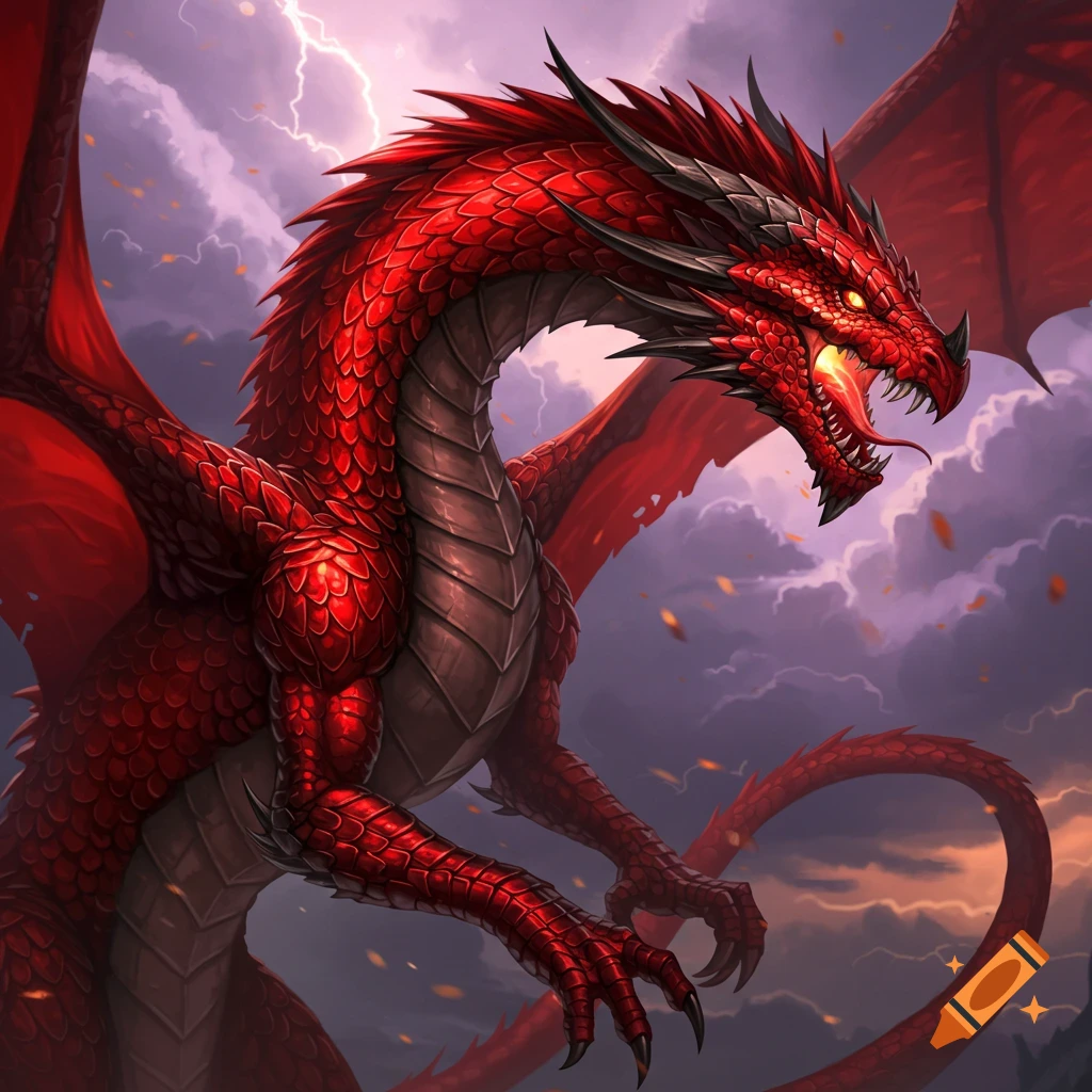 A fierce red dragon with black horns roars against a stormy sky with lightning.