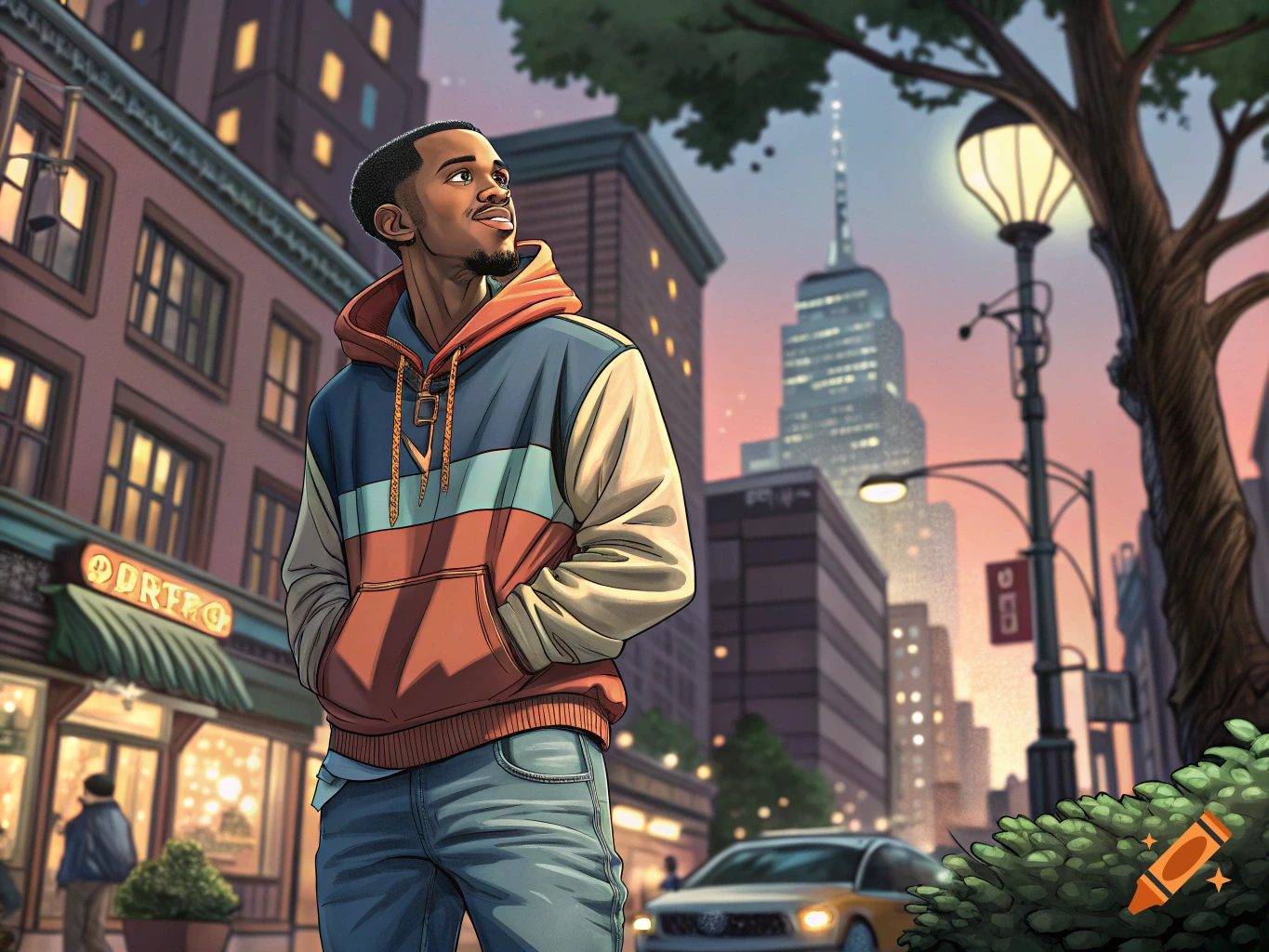 Illustration of a young man in a hoodie standing on a city street at dusk