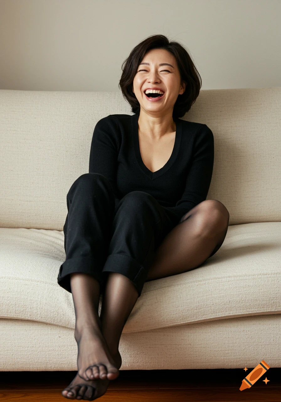 A woman with short dark hair sits on a couch, laughing heartily.