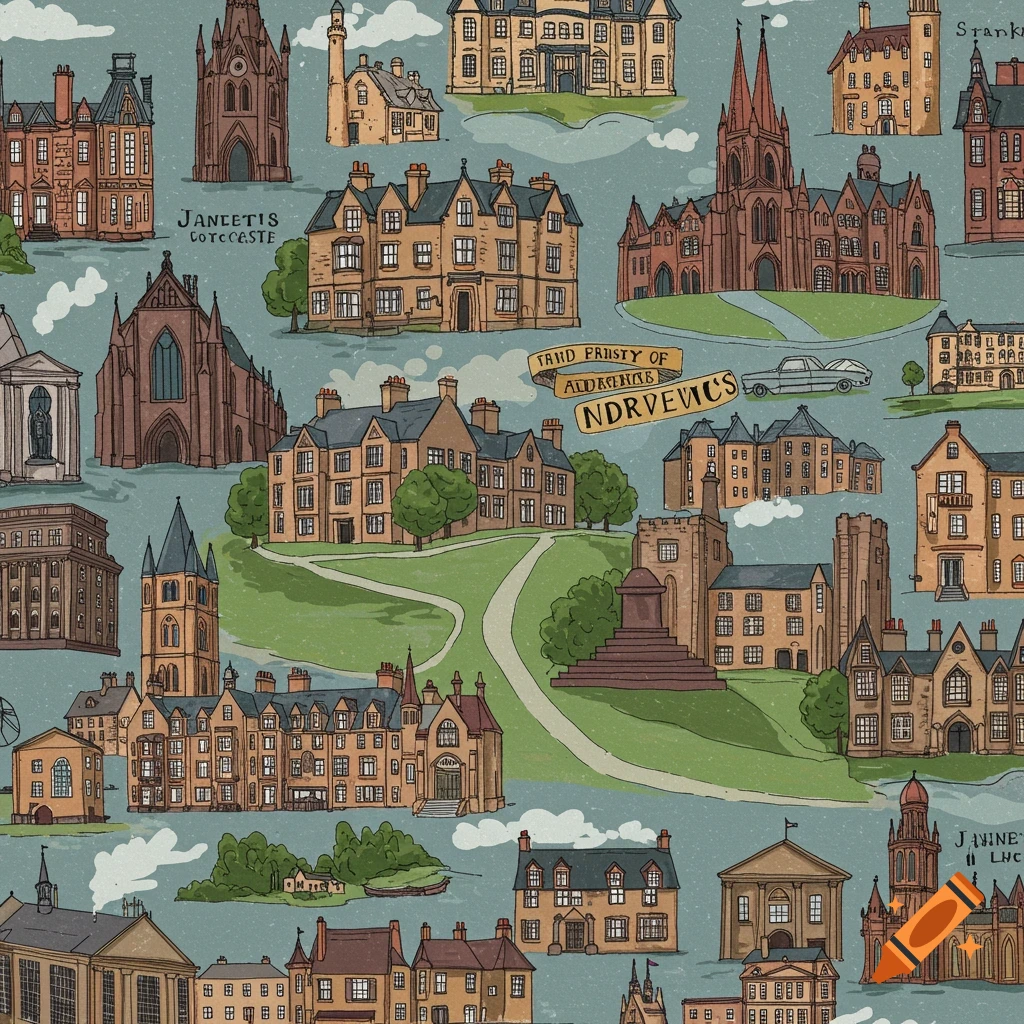 An illustrated pattern of historic university buildings, churches, and castles with green lawns, in a map-like style.
