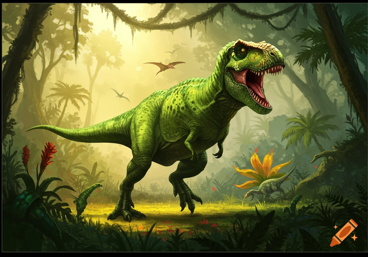 A large green Tyrannosaurus Rex roars in a lush, sunlit prehistoric jungle with pterodactyls flying above.