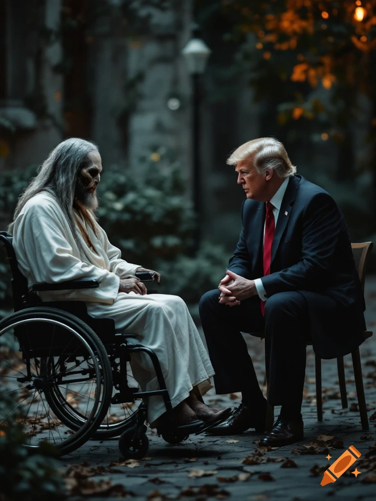 Donald Trump in a suit talks with a gaunt, long-haired figure in a white robe in a wheelchair, outdoors with fallen leaves.