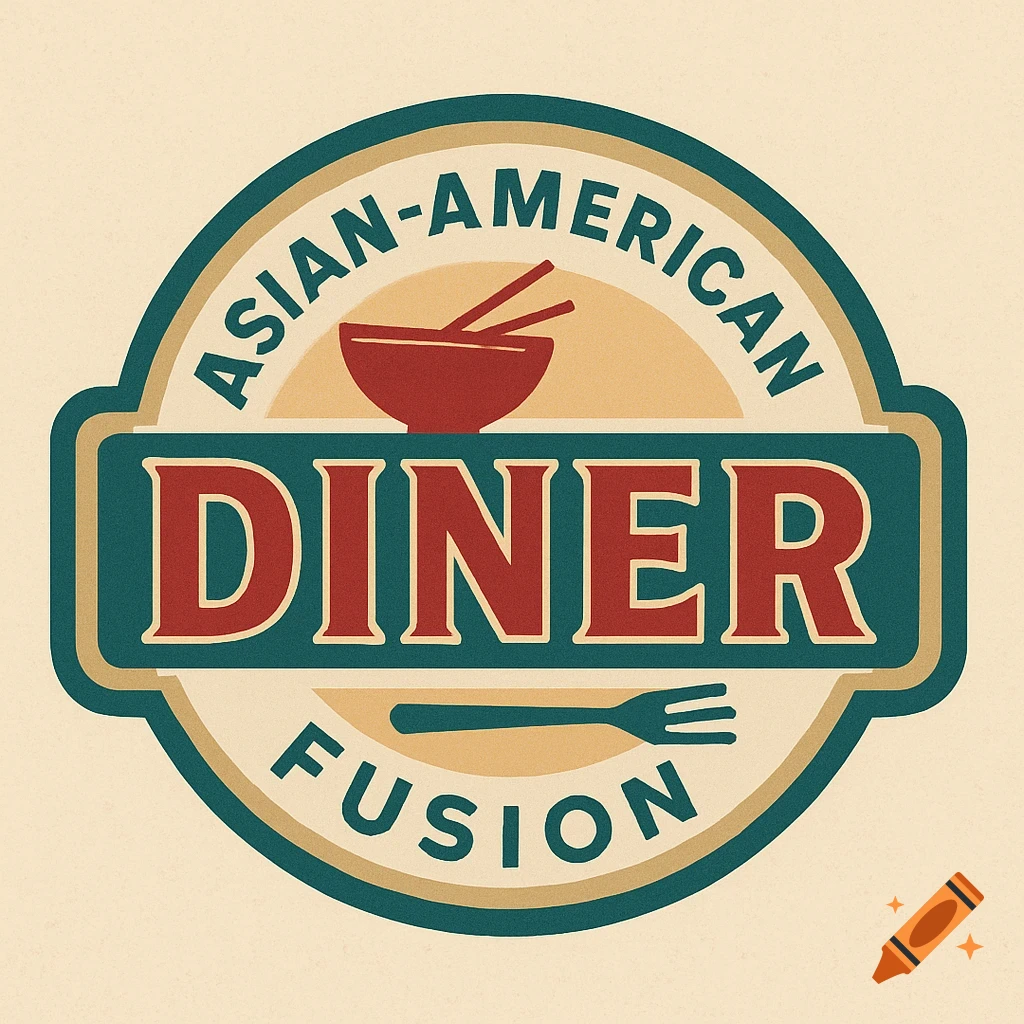 Retro logo for 'Asian-American Diner Fusion' with a bowl, chopsticks, and a fork.