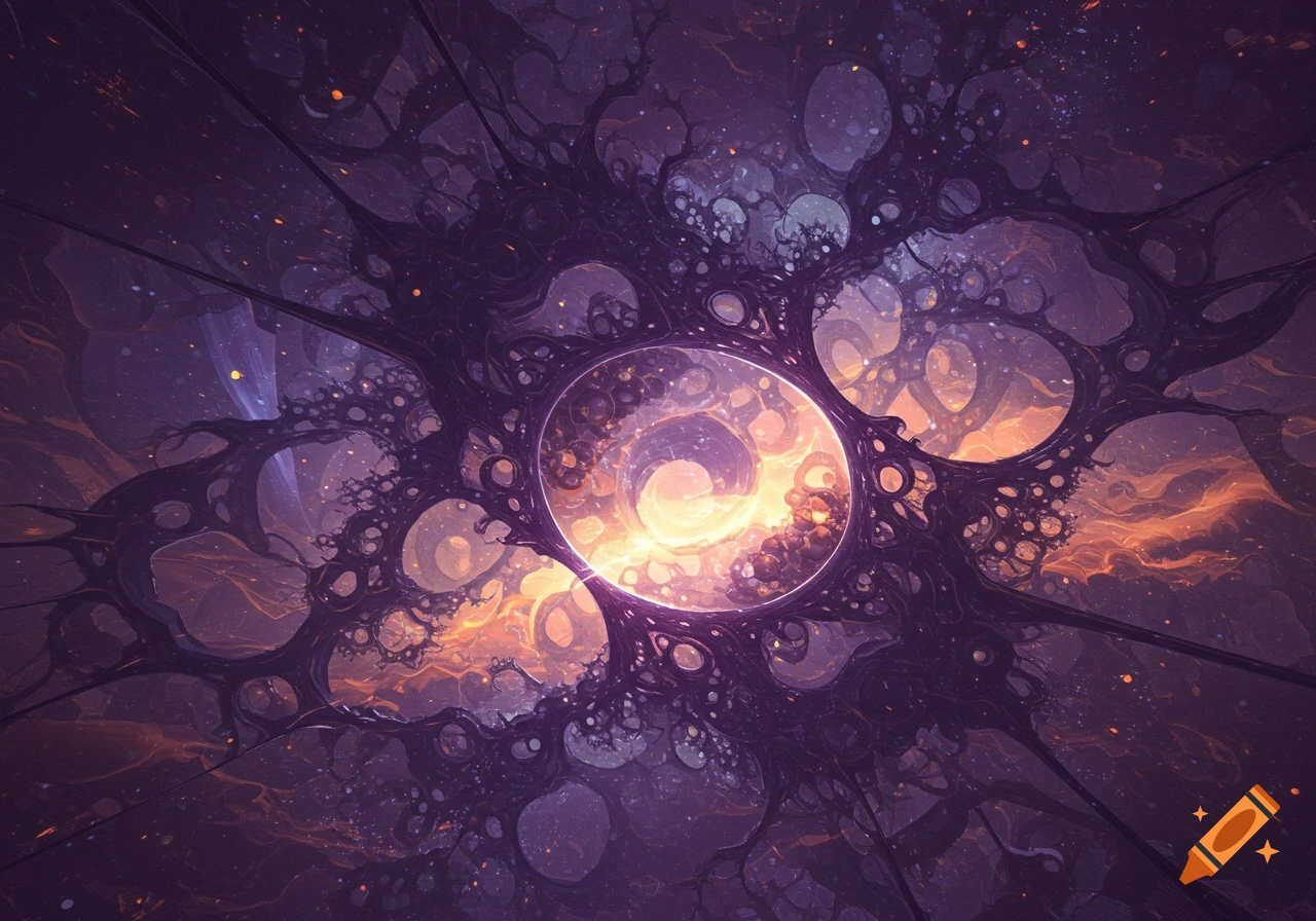 Abstract cosmic fractal with a glowing center and dark swirling tendrils