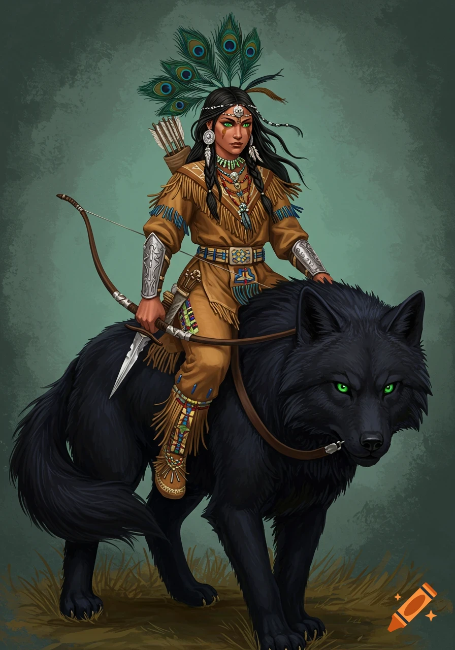 A woman in traditional buckskin clothing and peacock feathers rides a black dire wolf with glowing green eyes, holding a bow and an obsidian dagger.