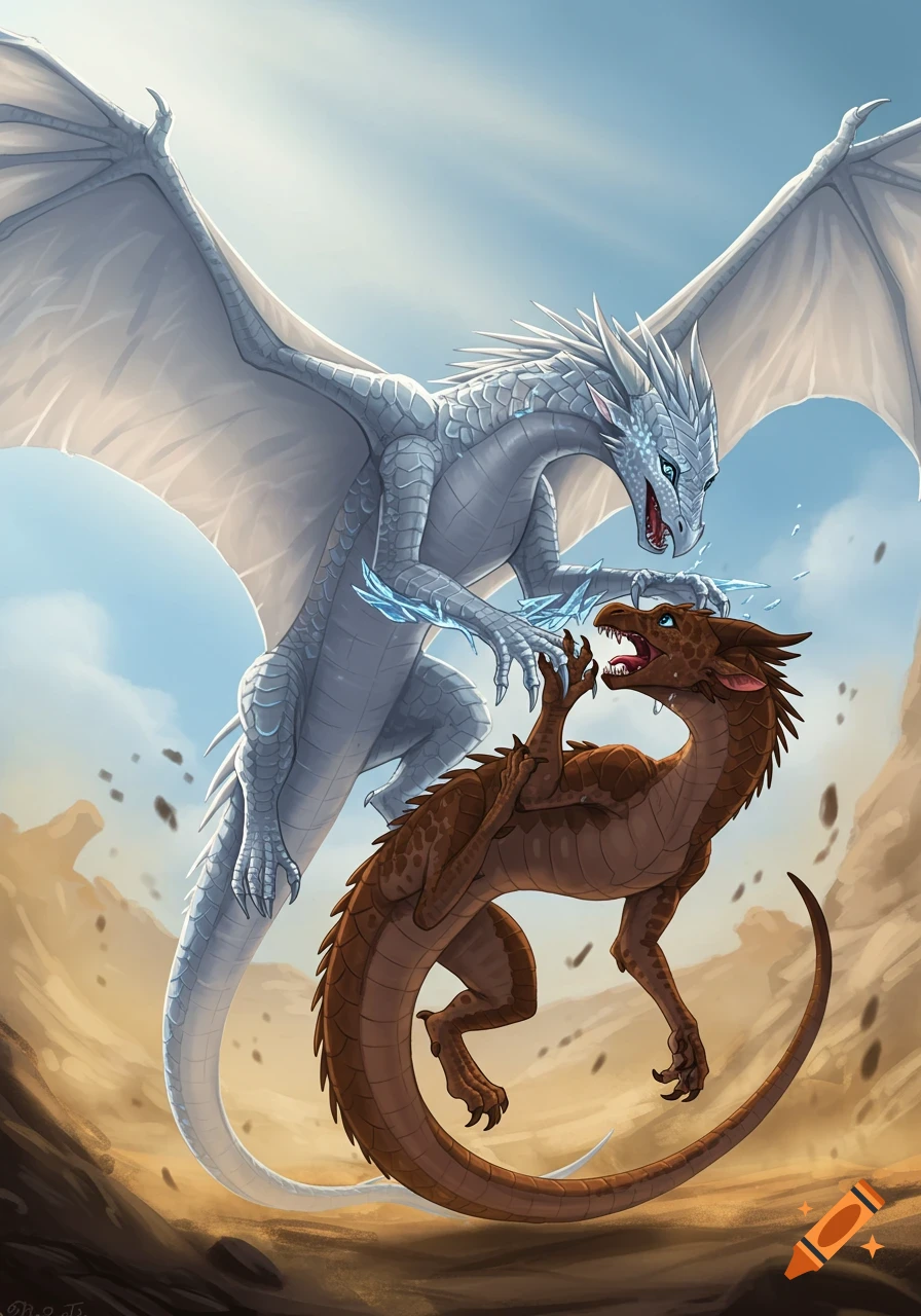 A large white dragon attacks a smaller brown dragon in a desert landscape, digital art.