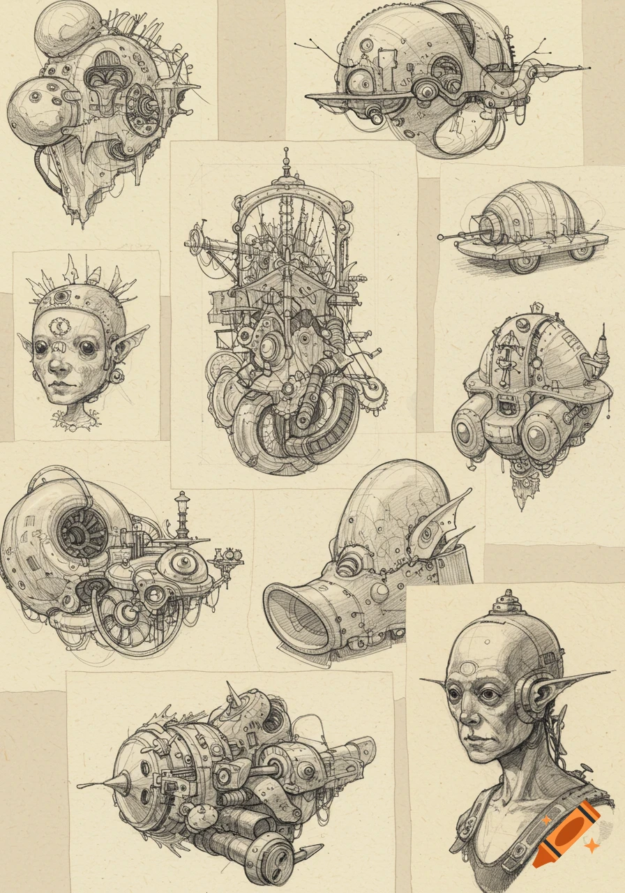 Detailed pencil sketches of steampunk mechanical devices and two humanoid faces with elven ears on textured paper.