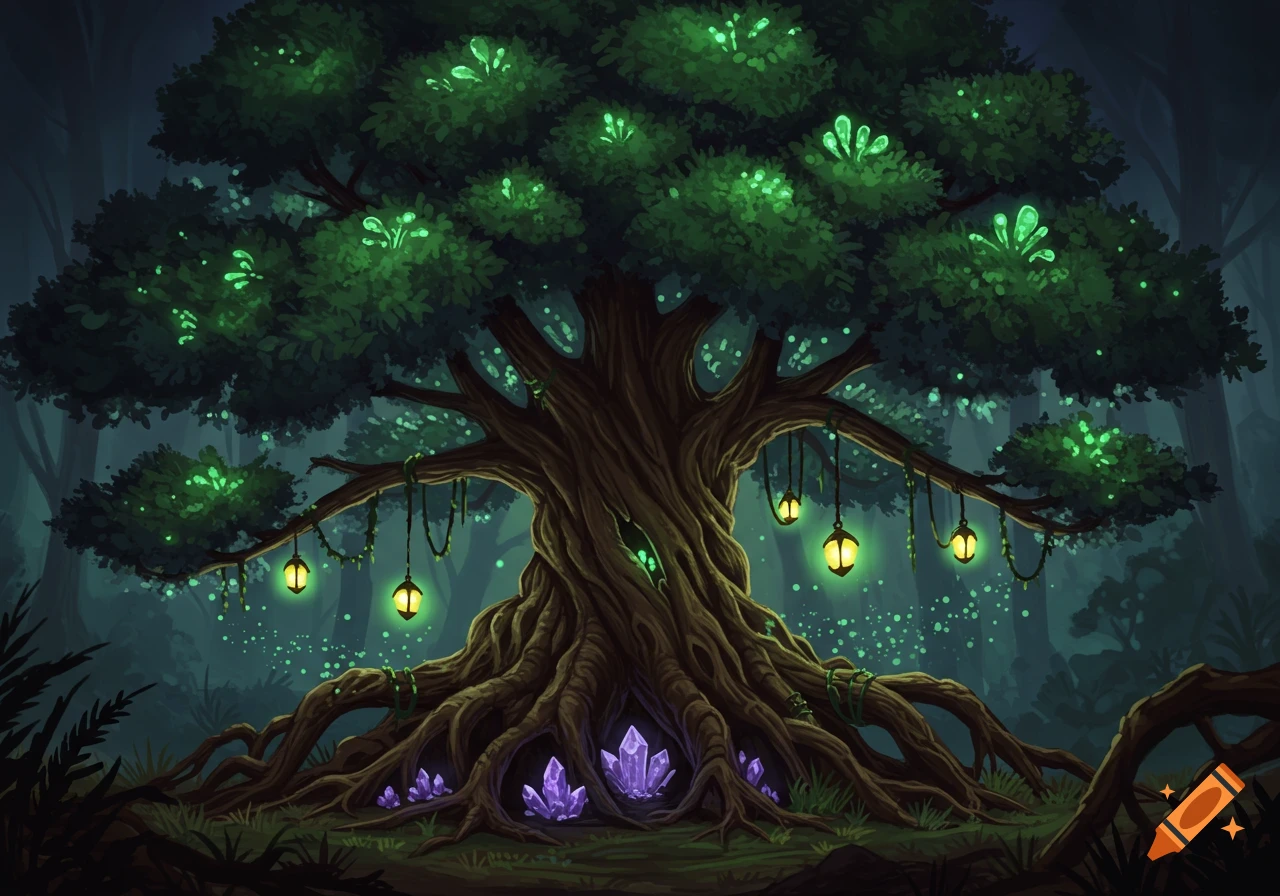A large, magical tree with glowing green leaves, hanging lanterns, and purple crystals at its roots in a dark, ethereal forest.