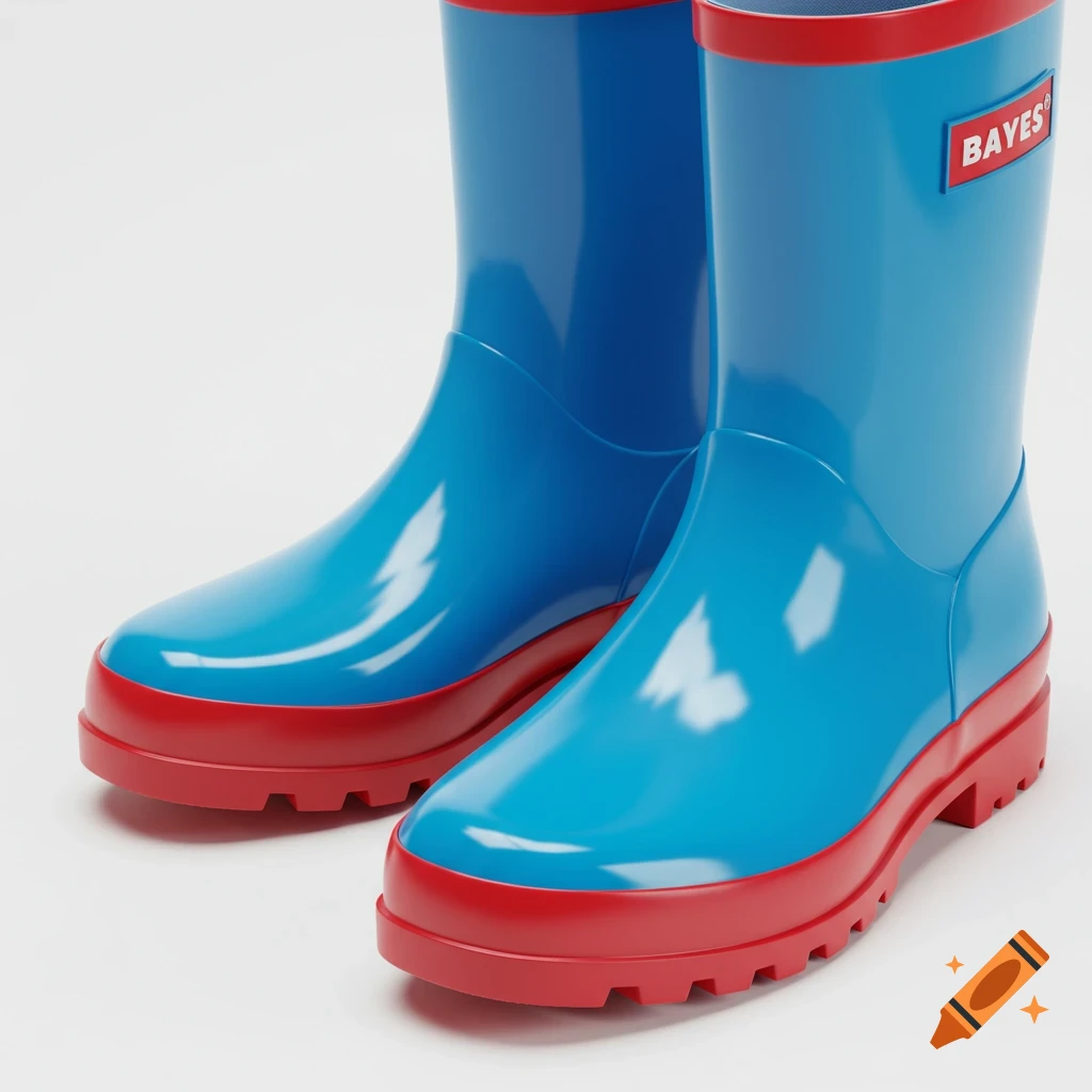 A pair of shiny blue rain boots with red soles and rims, featuring a 'BAYES' label on the side, against a white background.