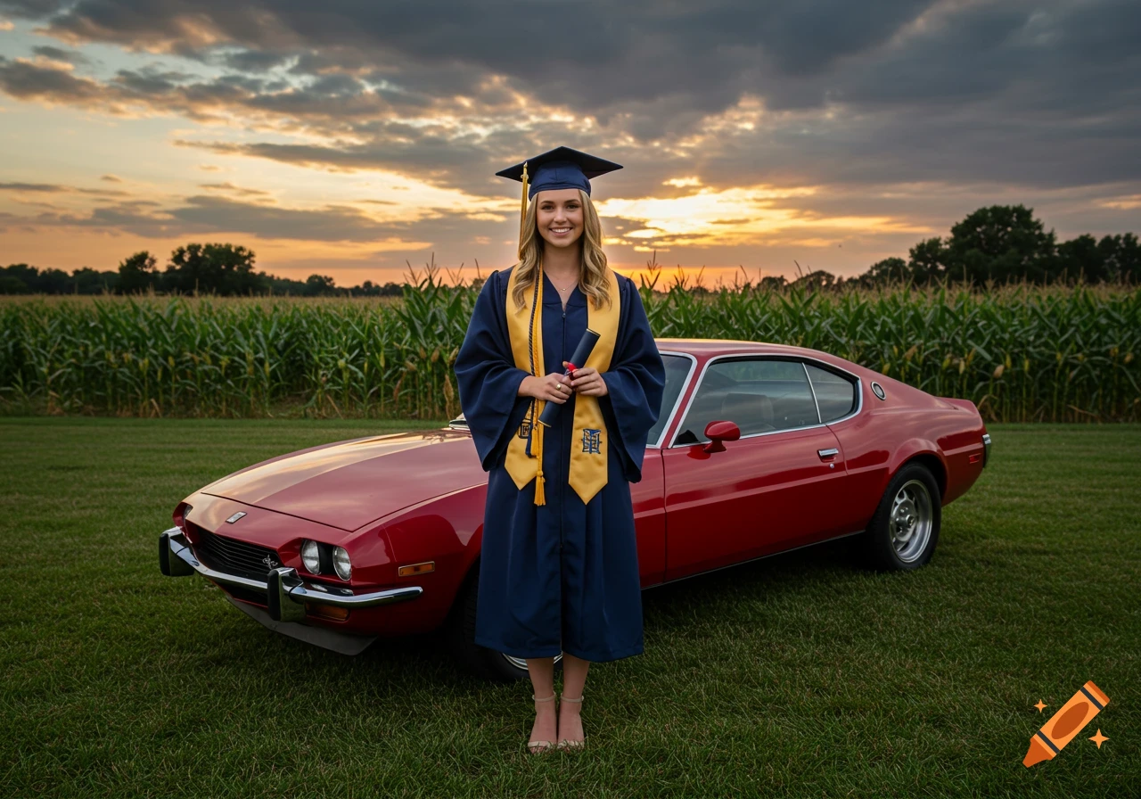 A young woman in a graduation gown and cap stands next to a red sports car in a field at sunset.