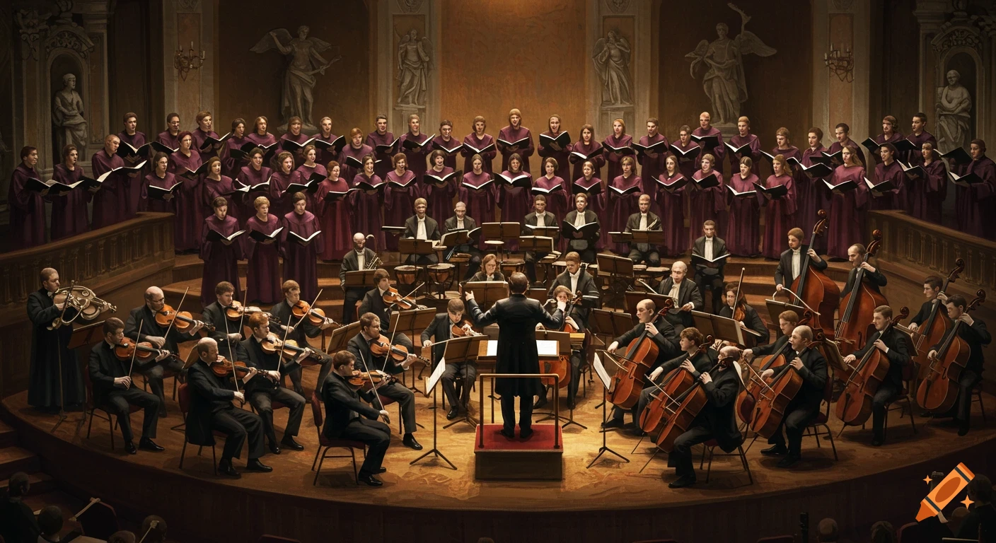 A large symphony orchestra and choir performing on a stage in a grand concert hall.