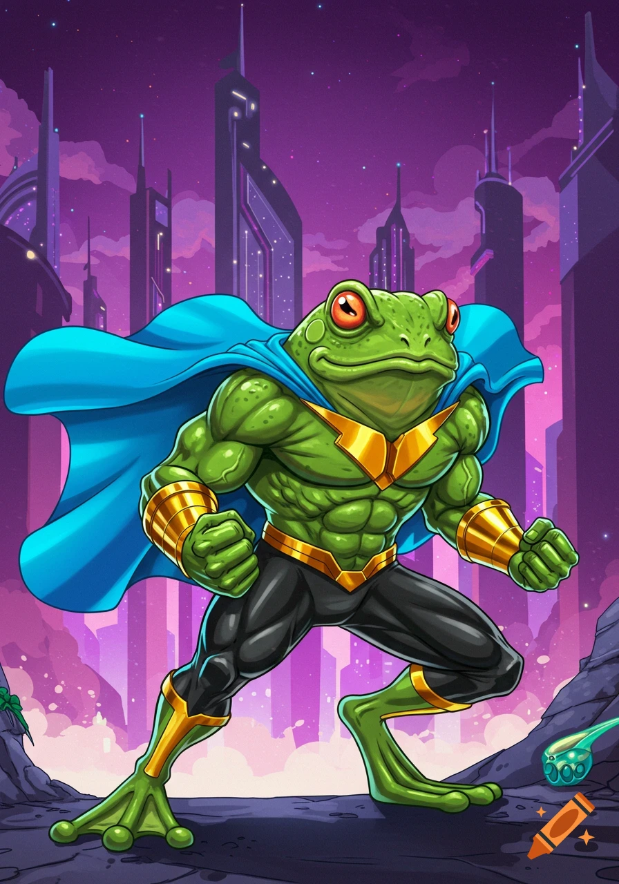 Muscular superhero frog in a blue cape and gold suit stands in a futuristic city under a purple sky.