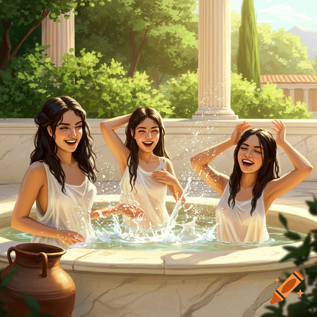 Three young women with dark hair laughing and splashing in a stone pool, surrounded by classical architecture and lush greenery.
